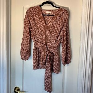 Max Studio Boho V-Neck Blouse with Tie Belt – Smocked Back – Earthy Rust Brown L